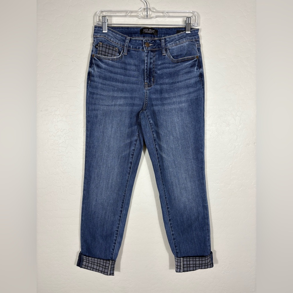Judy Blue Plaid Cuff Mid Rise Slim Fit Distressed Denim Jeans Size 5/27 - Picture 3 of 12